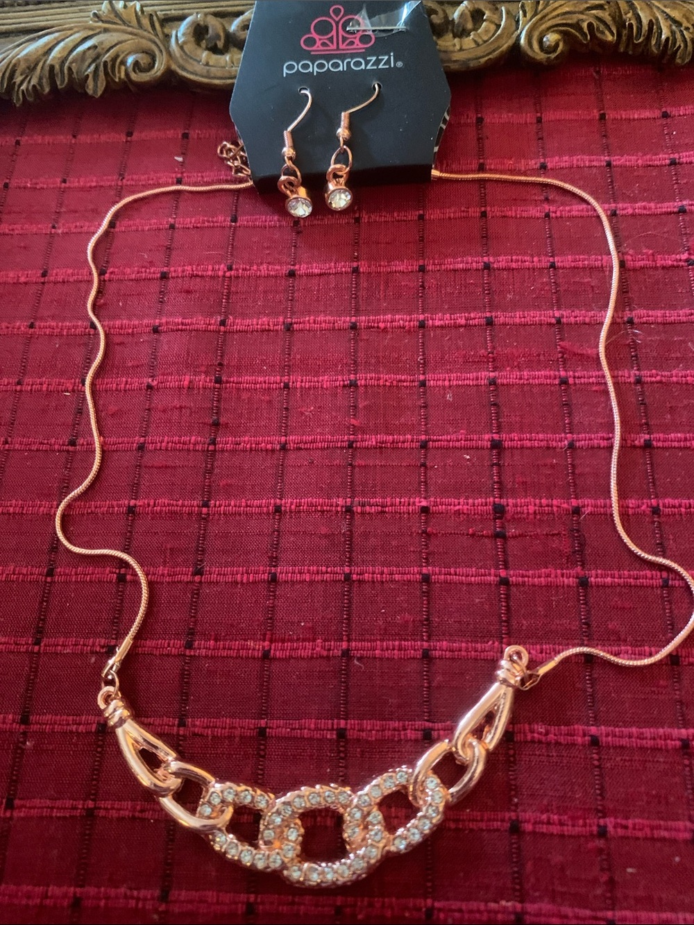 paparazzi Rose Gold Crystal Link Necklace with Drop Earrings